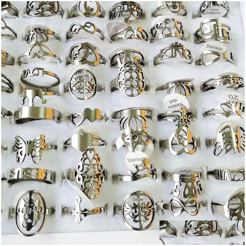 band 50pcs wholesale bulk lot stainless steel women lady female fashion jewelry mixed stylish laser cutting finger ring gifts 221125