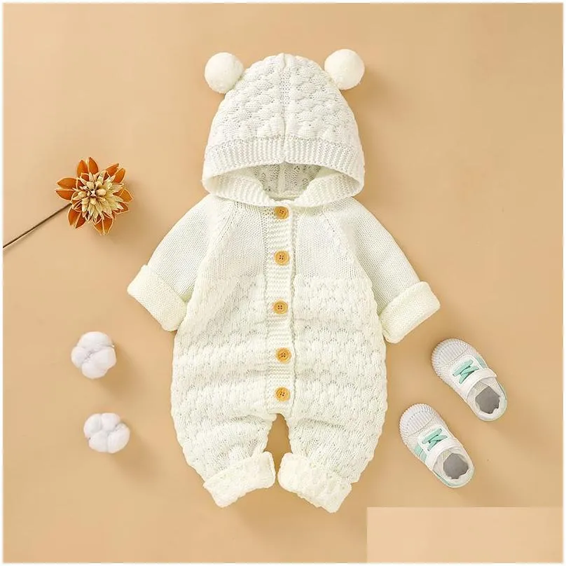 324m hairball baby clothes born babe solid single breasted rompers knitted jumpsuit cute infant boy girls hooded outfit 733 v2