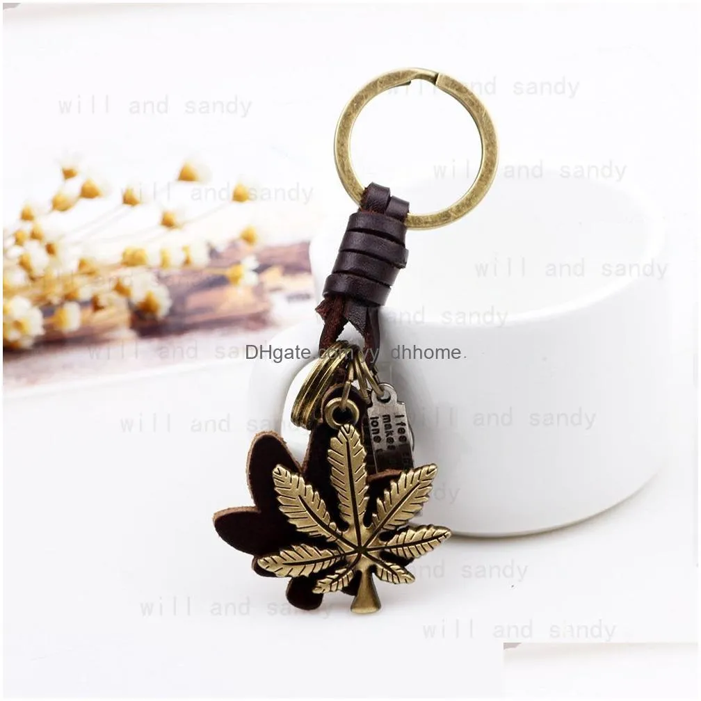 retro metal maple leaf key rings keychain leather keyring bag hangings ornament fashion jewelry