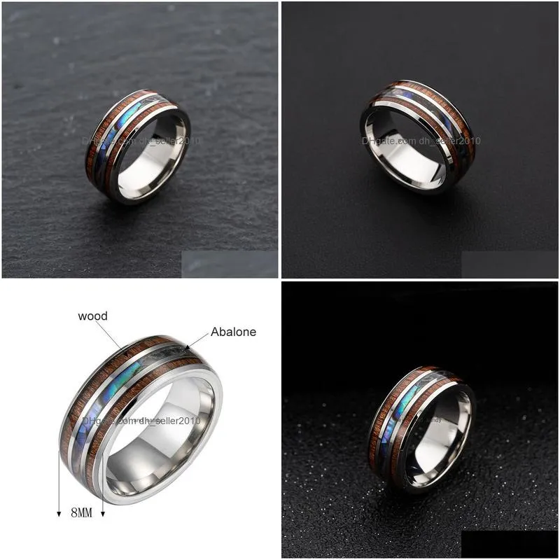 8mm mens wedding bands inlay hawaiian koa wood rings and abalone shell titanium steel ring finger for women men fashion jewelry will and