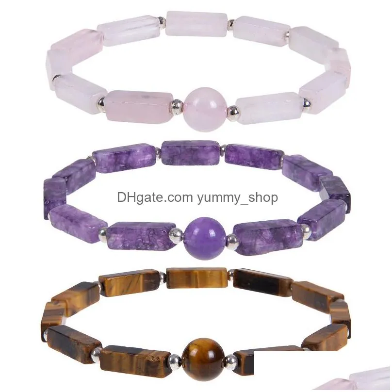 natural amethyst bracelet long square gemstones healing crystal stretch beaded gem stone bracelet unisex