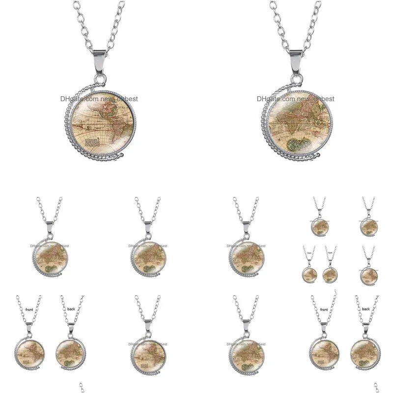 world map earth time gem necklace doublesided glass cabochono rotatable pendant necklaces chain women children fashion jewelry will and