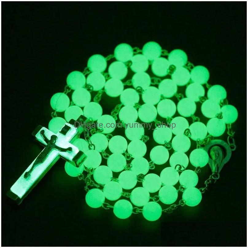 glow in the dark jesus crucifix cross pendant necklace night light fluorescence christ prayer beads necklaces for women girls fashion jewelry will and