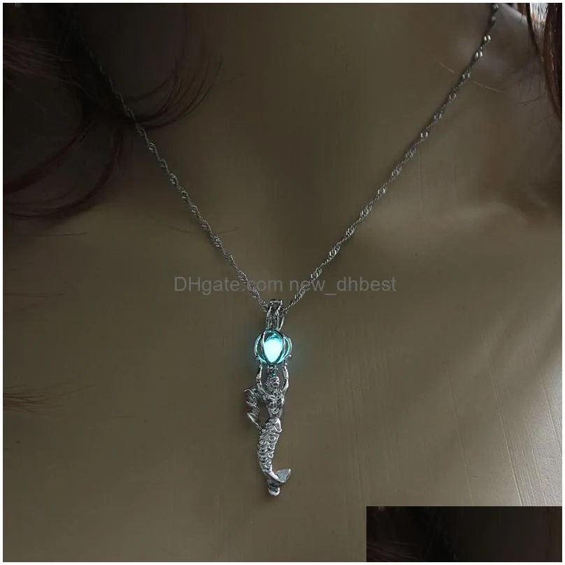 glow in the dark mermaid necklace fluorescent light locket pendant chain for women fashion jewelry will and sandy gift