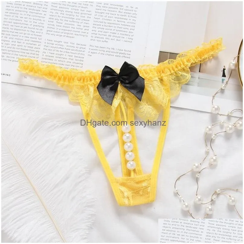 lace low rise pearl g string bow knot open crotch sexy panties for woman underwears lingeries pants black red