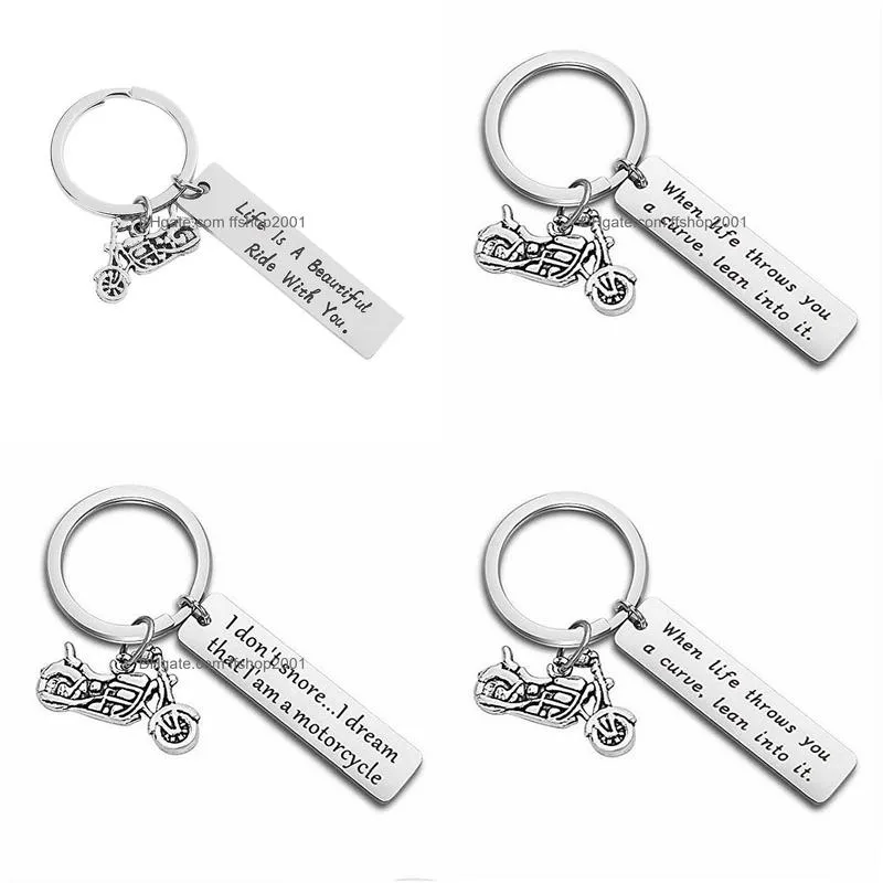 stainless steel letter tag with motorcycle key ring holders lovers keychain for women men fashion will and sandy