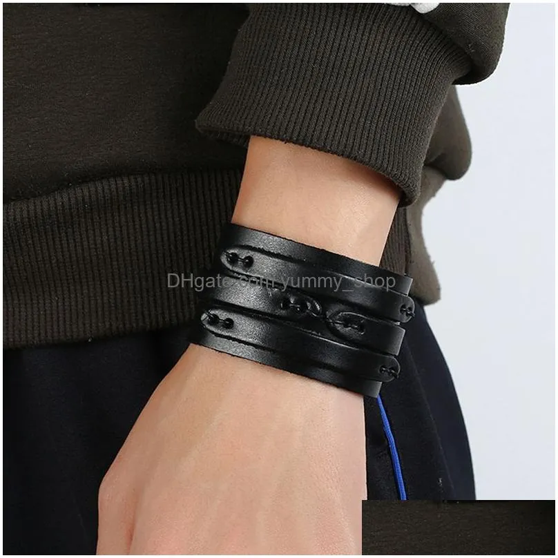 motorcycle wide weave leather bangle cuff multilayer wrap button adjustable bracelet wristand for men women fashion jewelry