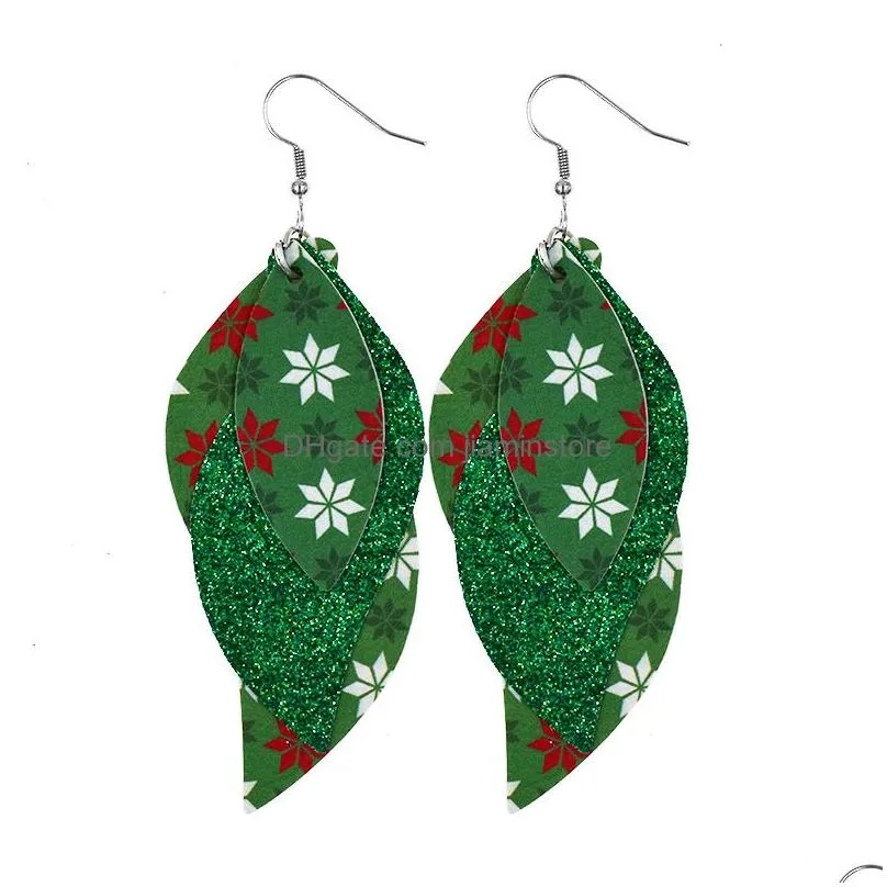 new christmas s shaped leather dangle earrings double layer women print teardrop leaf accessories fashion jewelry girl gifts