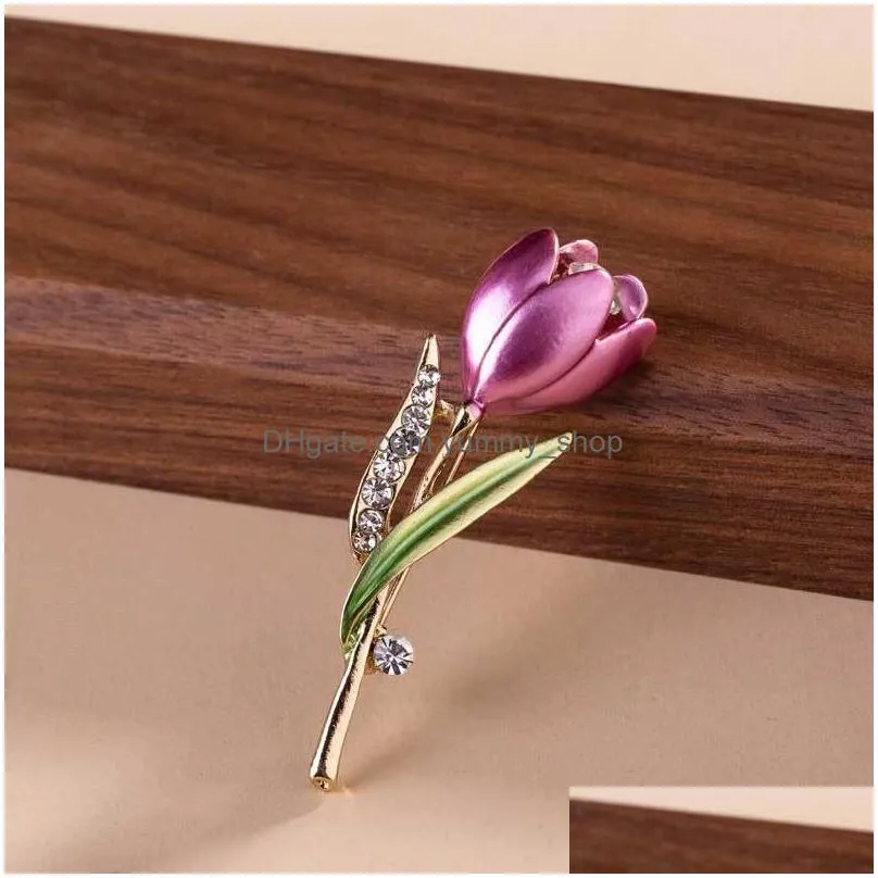 diamond flower tulip brooch pins enamel brooches corsage lapel pin wedding fashion jewelry for women