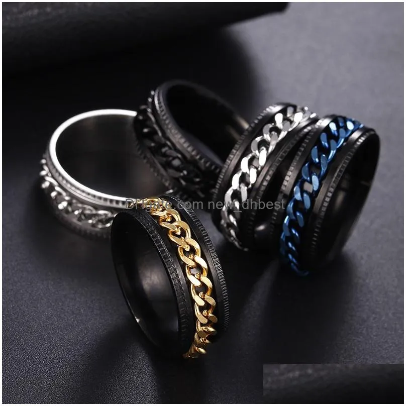 cool stainless steel rotatable men ring high quality spinner chain punk women jewelry for party gift