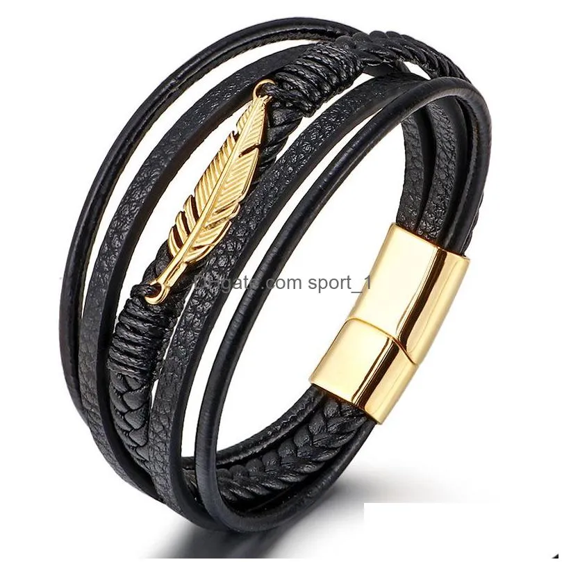 gold stainless steel feather charm bracelet bangle cuff multilayers wrap genuine leather bracelets wristband for men fashion jewelry