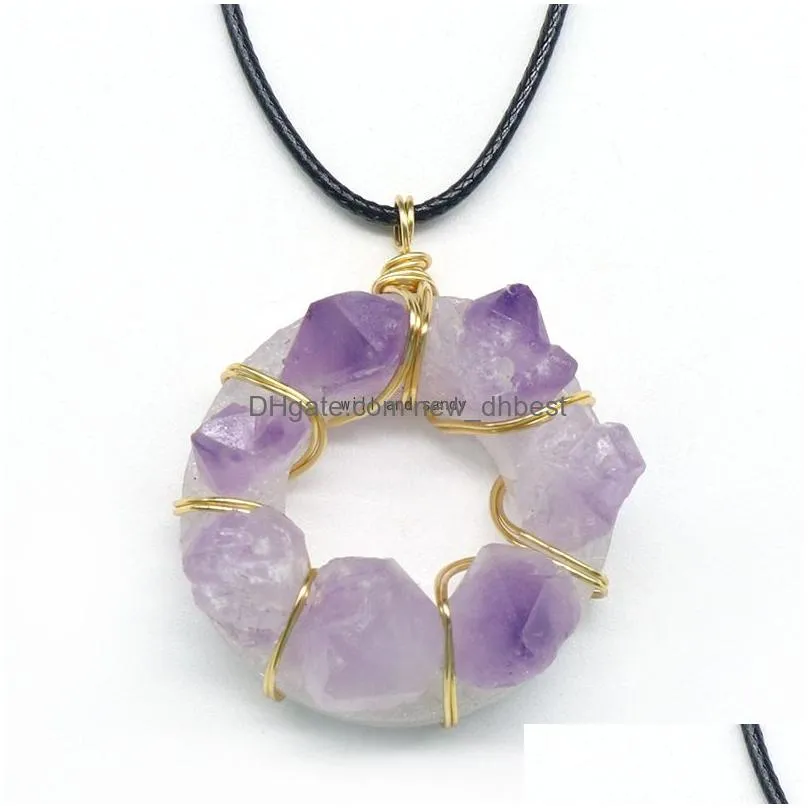 wire wrapped natural stone amethyst pendant necklace 35mm donut pendant irregular healing crystal collar necklaces for women fashion jewelry will and