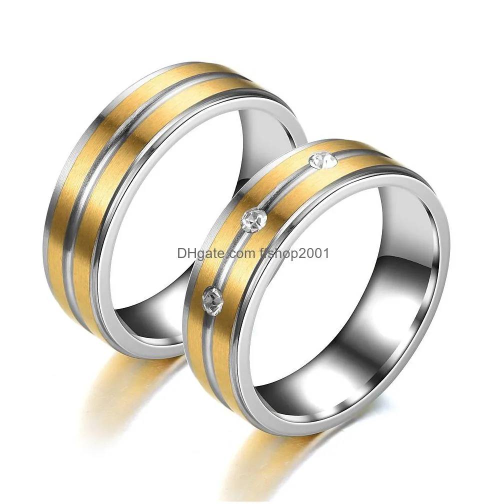 fashion gold contrast color diamond ring stripe stainless steel couple engagement wedding rings band gift will and sandy