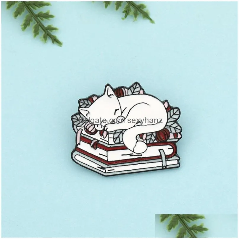 cat reading books enamel pin cartoon sleeping kitten brooches cute book lover animals badge bag clothes lapel pins jewelry gifts