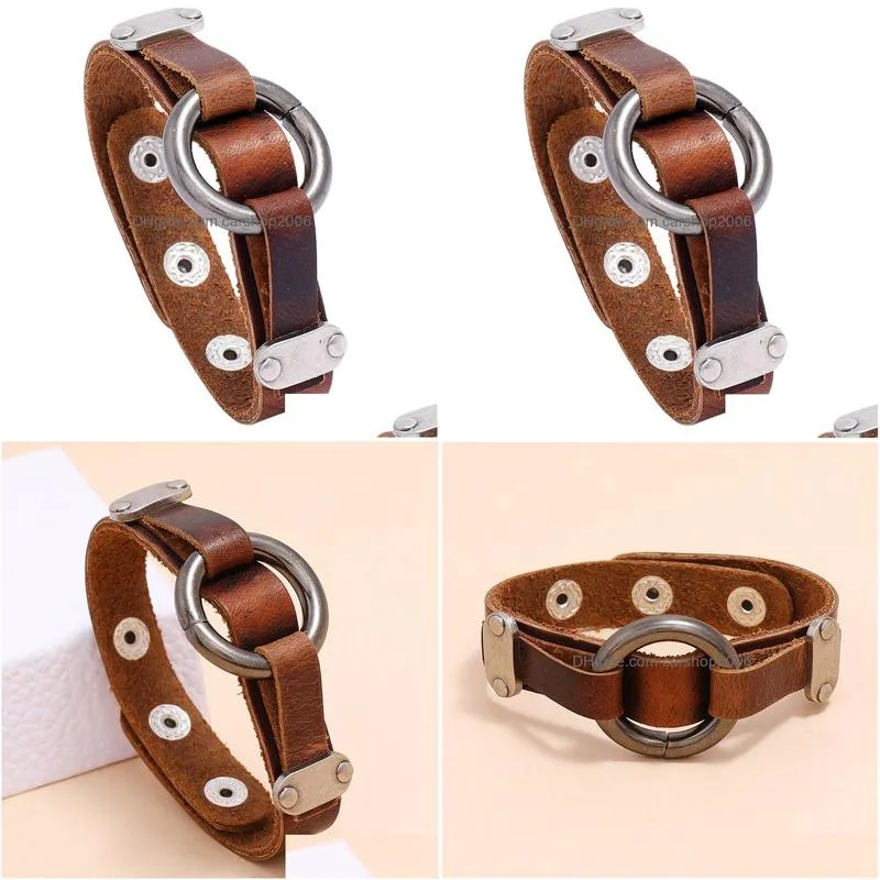 metal o ring leather bangle cuff button adjustable bracelet wristand for men women fashion jewelry