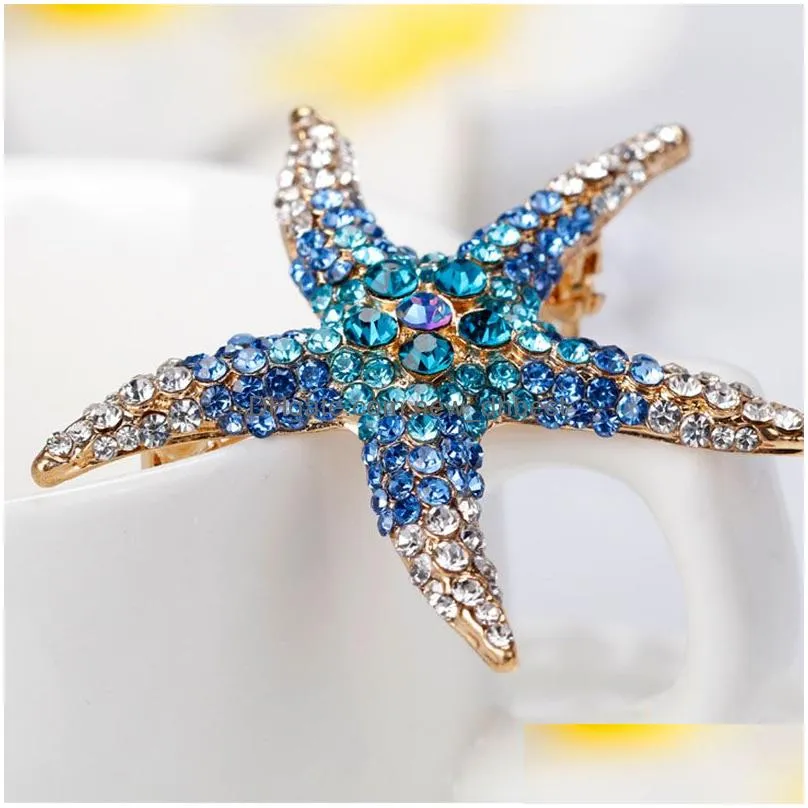 sea crystal starfish brooch pin business suit tops corsage rhinestone brooches for women men fashion jewelry clothing