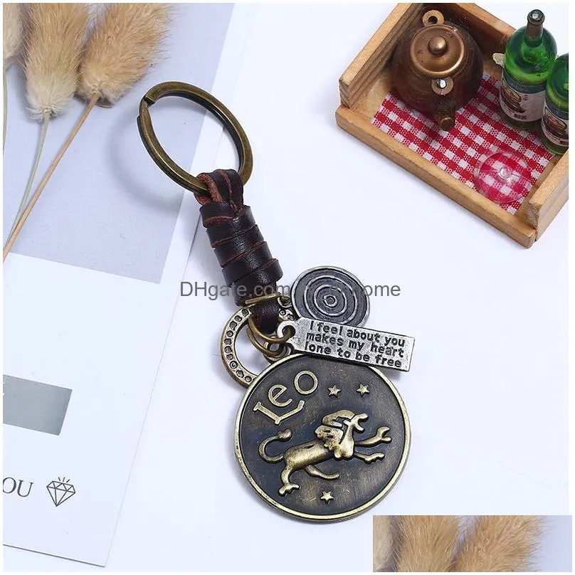 12 horoscope sign key rings keychain leather weave retro bronze constell keyring bag hangs holder for women men fashion jewelry