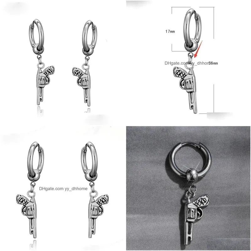 stainless steel pistol earrings dangle retro gun hoop ear rings women men fashion jewelry will and sandy