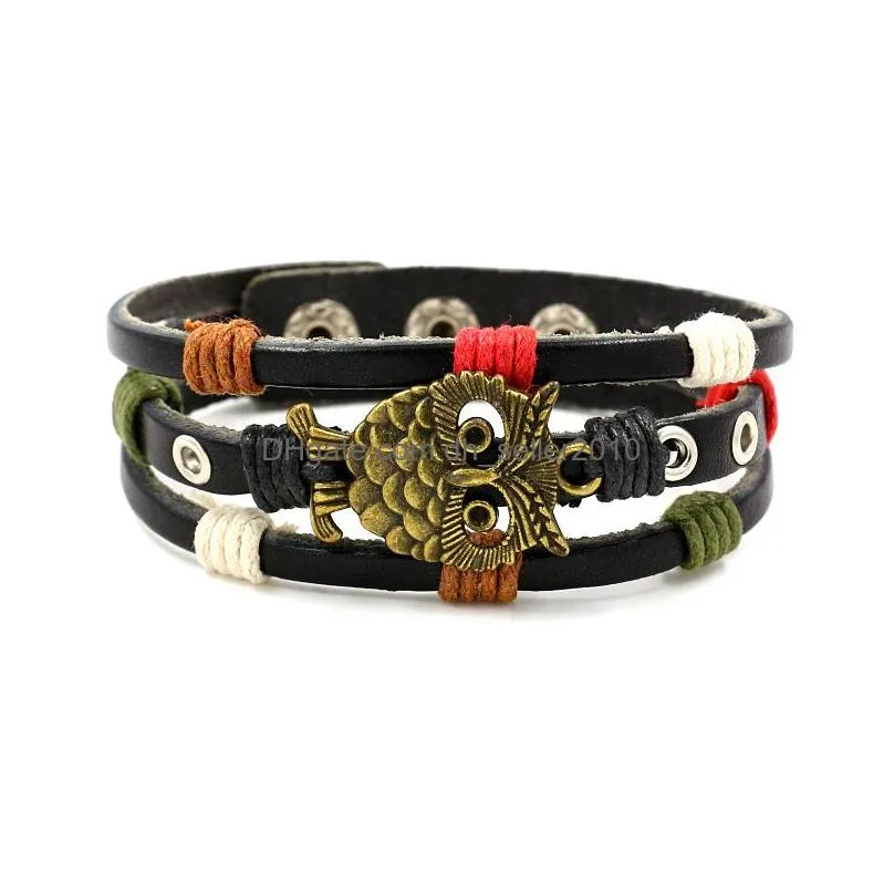 bird owl charm multilayer leather bracelet bangle cuff wrap black brown button adjustable bracelets wristband for women men fashion jewelry will and