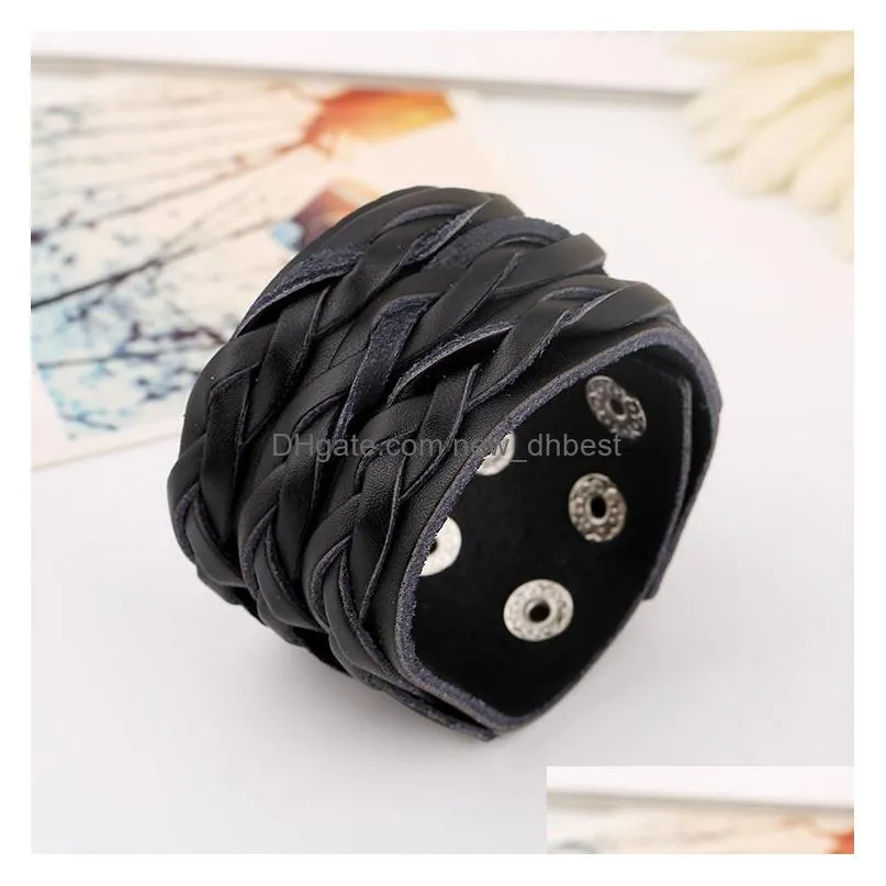 weae rows braid leather bangle cuff multilayer wrap button adjustable bracelet wristand for men women fashion jewelry black