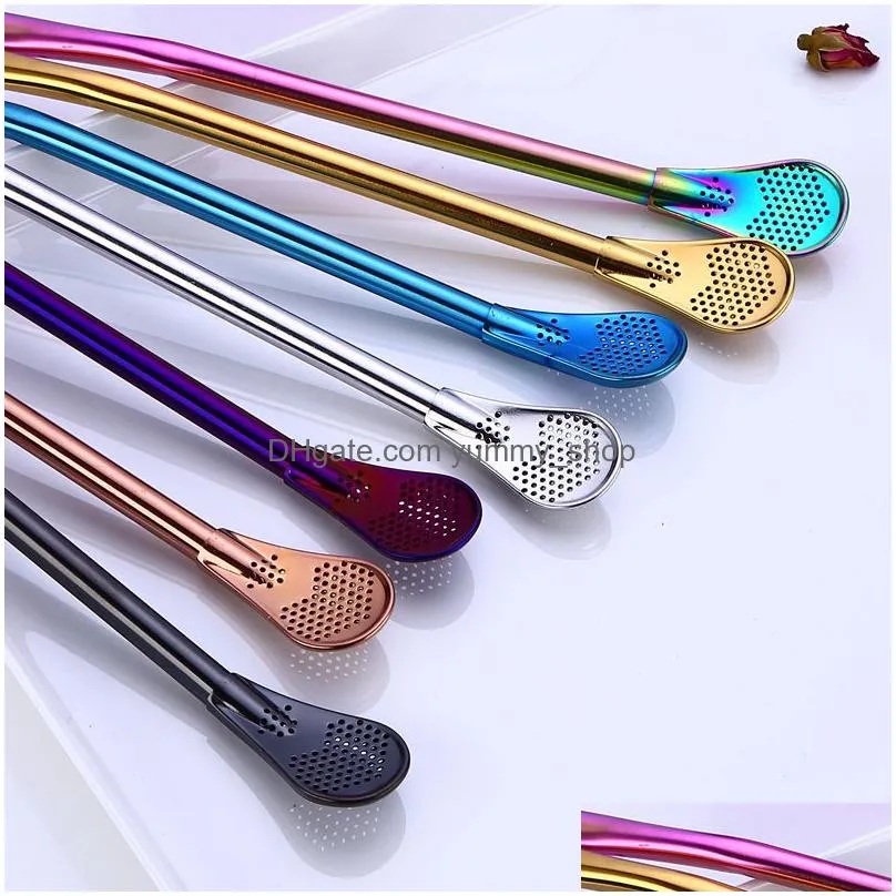 stainless steel stirrer drinking straw coffee spoon straws kitchen dining barware rose gold rainbow drop ship 240759