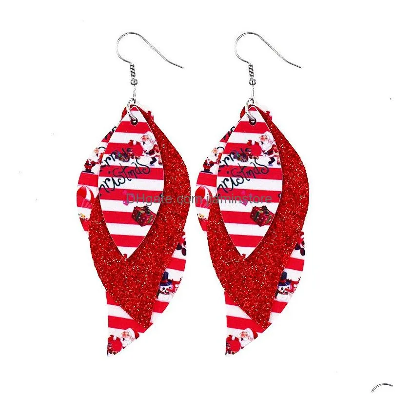 new christmas s shaped leather dangle earrings double layer women print teardrop leaf accessories fashion jewelry girl gifts