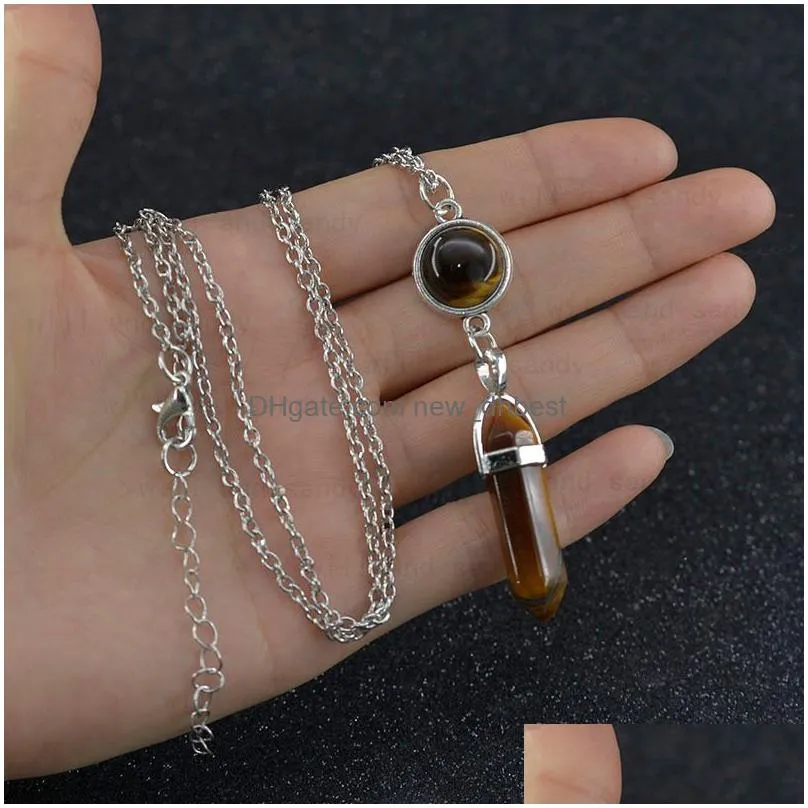 natural stone bullet healing point pendant necklaces tiger eye turquoise aventurine crystal stone quartz hexagonal necklace for women fashion jewelry