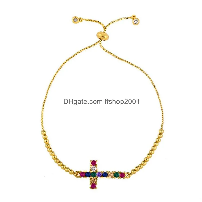 18k gold rainbow zircon diamond bracelet pull string adjustable crown heart cross charm bracelets women fashion jewelry will and sandy