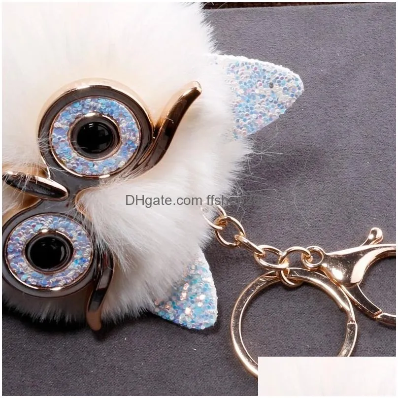 big eye owl fur key ring gold bird keychain holder bag hangs fashion jewelry will and sandy red white black