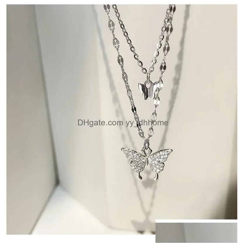 silver shiny butterfly tassel necklace female exquisite double layer pendant clavicle chain wedding party jewelry gifts