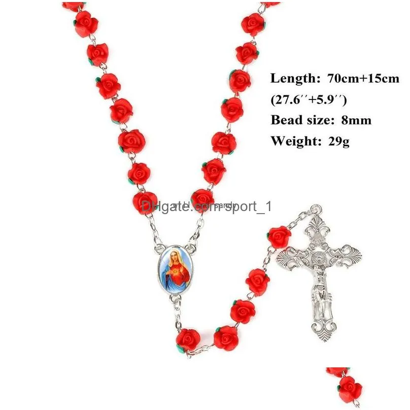 rose beads rosary necklace christian cross soft pottery rosaries long cross necklaces religious jewelry for women girls fashion will and