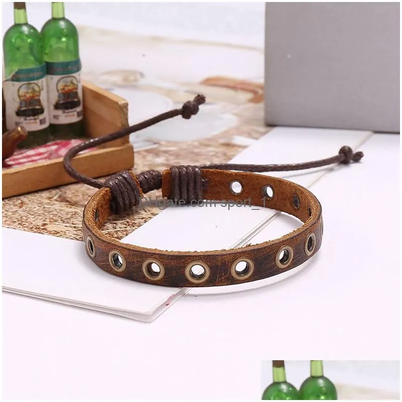 retro leather bangle cuff punk hole string adjustable bracelet wristband men fashion jewelry