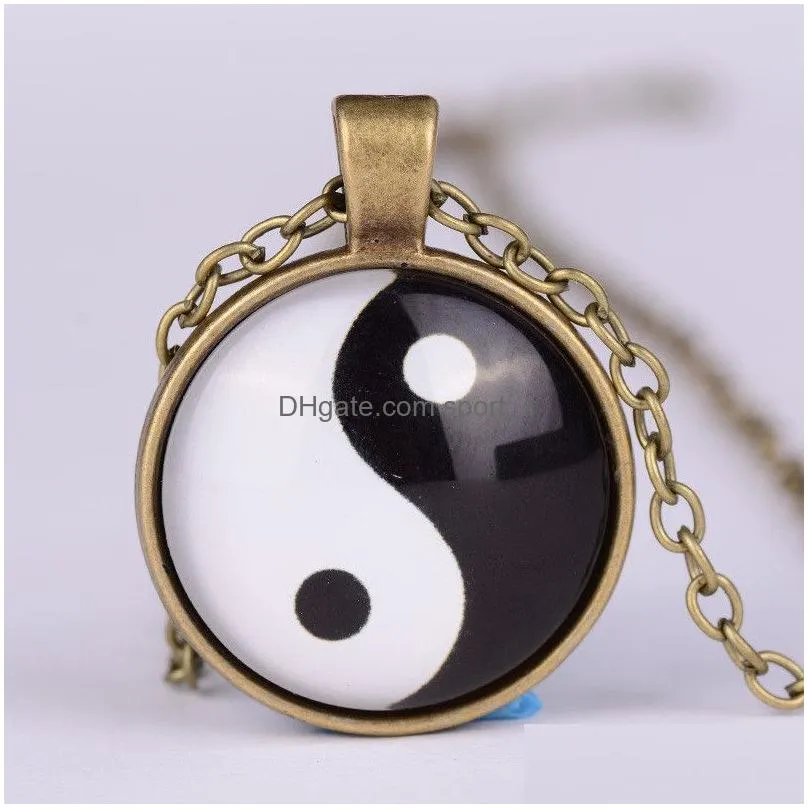 tai chi time gemstone pendant gossip graph necklace yin yang silver bronze glass cabochon necklaces women men fashion jewelry