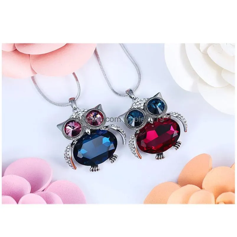 fashion snake chain crystal necklace sweater jewelry small cute owl bird pendant for women gift
