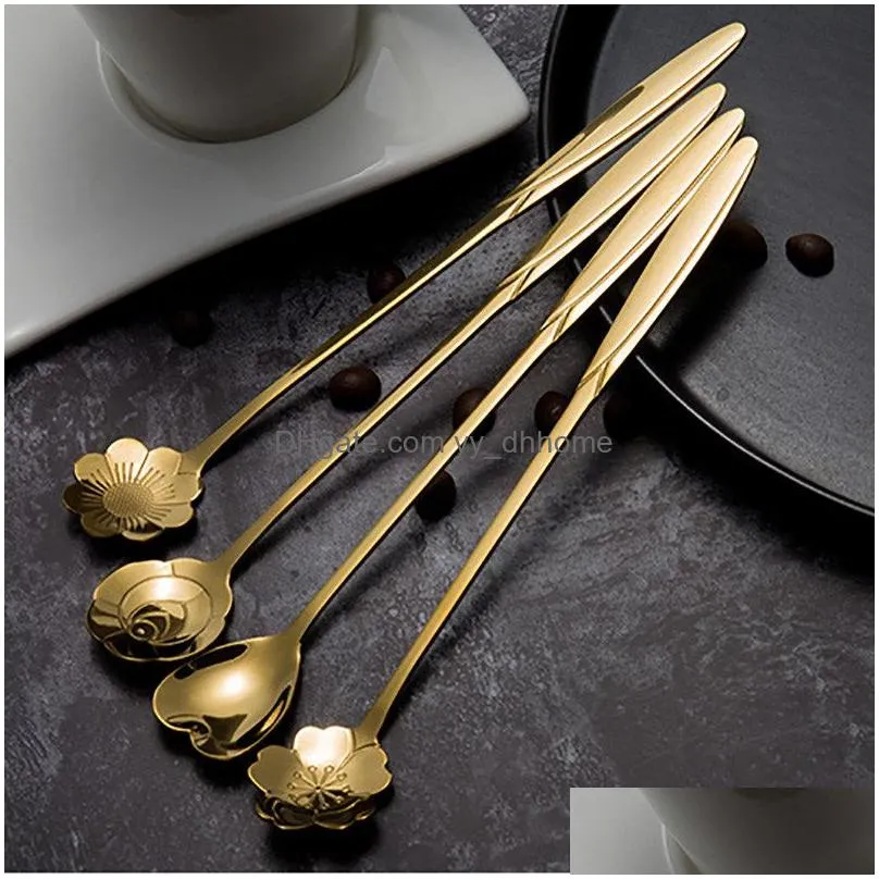 stainless steel flower heart spoons long handle cocktail stirring spoon ice cream coffee home bar flatware tools drop ship