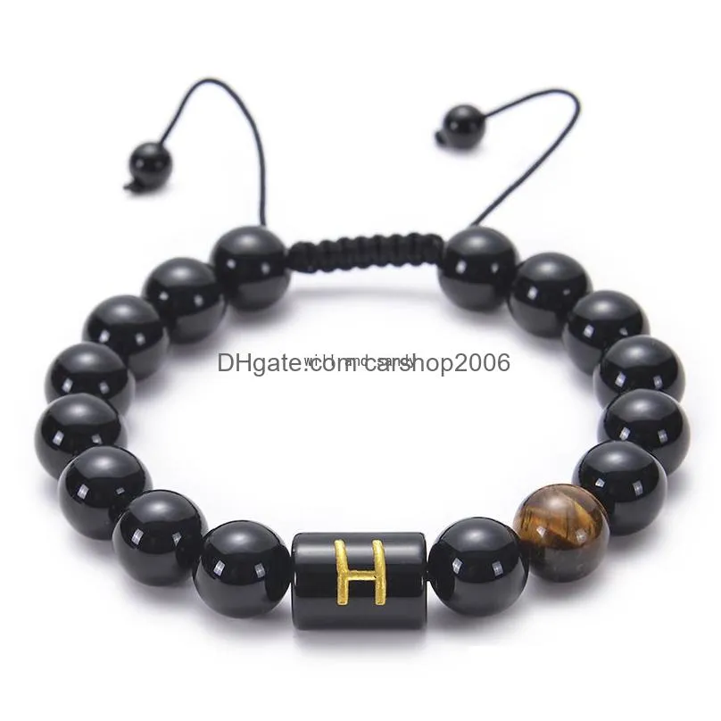 az english letter 10mm natural stone tiger eye black agate bead bracelet initial woven adjustable bead bracelets bangle cuff women men fashion