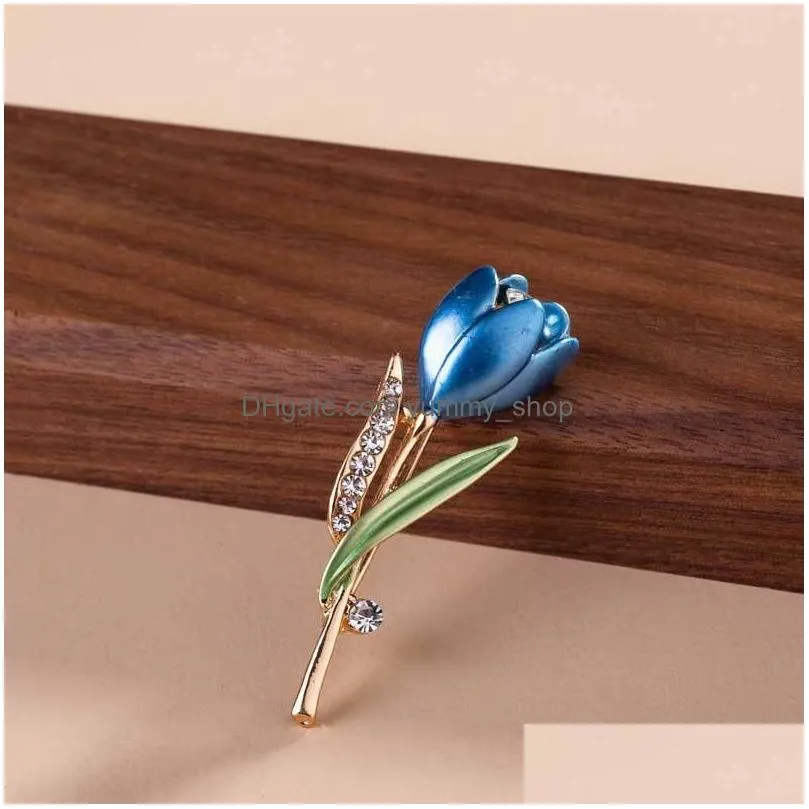 diamond flower tulip brooch pins enamel brooches corsage lapel pin wedding fashion jewelry for women