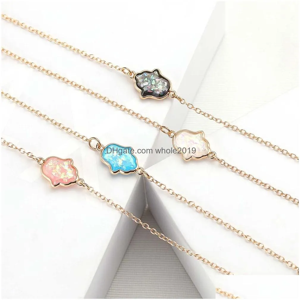 fashion blue white pink opal hamsa hand necklace fatima charm pendant necklaces long chain women jewelry collierl gifts