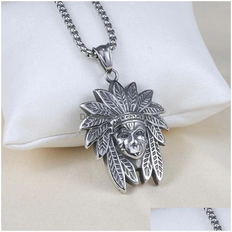 indian head portrait pendant necklace ancient silver stainless steel necklaces for women men hiphop fine fashion jewelry