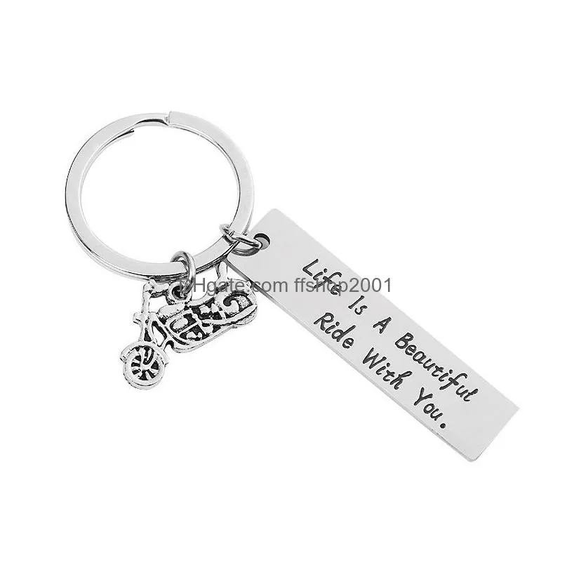 stainless steel letter tag with motorcycle key ring holders lovers keychain for women men fashion will and sandy