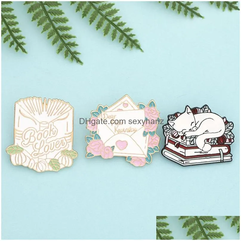 cat reading books enamel pin cartoon sleeping kitten brooches cute book lover animals badge bag clothes lapel pins jewelry gifts