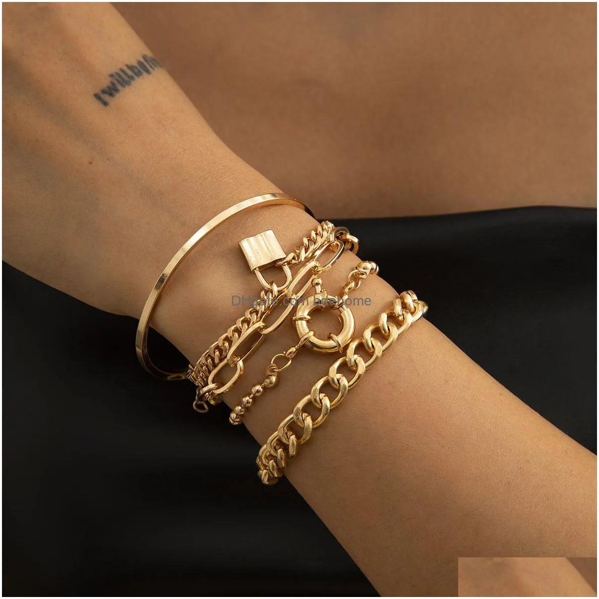punk hiphop style lock bracelet with mixed and matched multielement geometric round buckle set jewelry for female party gifts