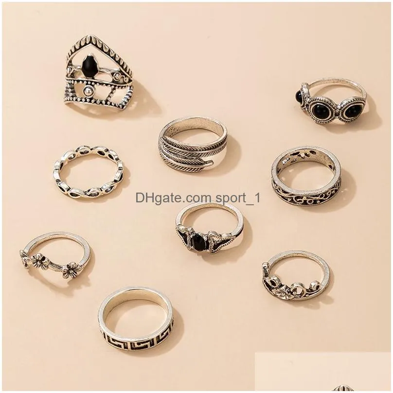 9pcs/set retro ancient silver knuckle rings flower leaf charm joint stackable ring for women girls fashion jewelry will and sandy 