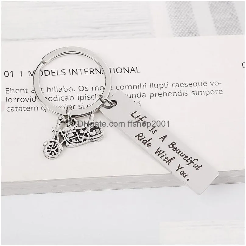 stainless steel letter tag with motorcycle key ring holders lovers keychain for women men fashion will and sandy
