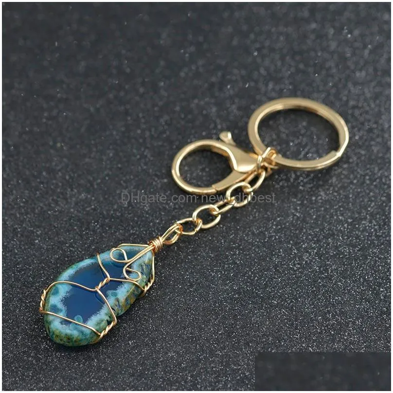 gold key rings diy natural druzy agate raw stone healing crystal keychain bag hangs for women men fashion jewelry