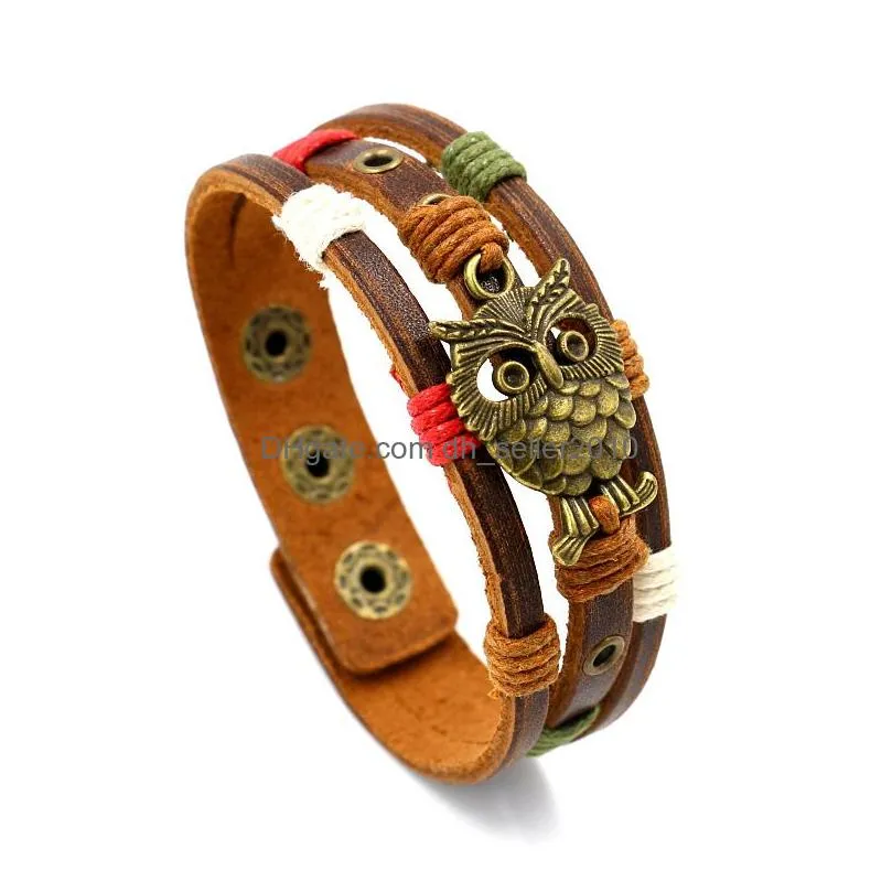 bird owl charm multilayer leather bracelet bangle cuff wrap black brown button adjustable bracelets wristband for women men fashion jewelry will and