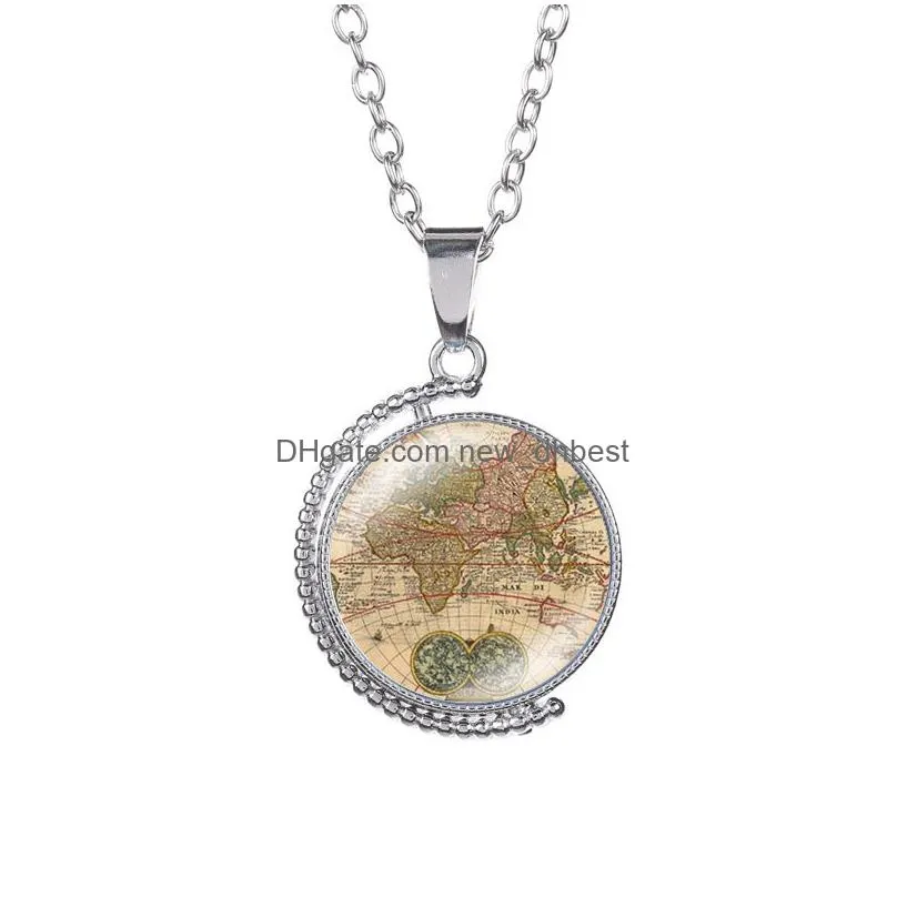 world map earth time gem necklace doublesided glass cabochono rotatable pendant necklaces chain women children fashion jewelry will and