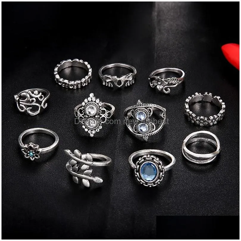 antique silver knuckle ring set elephant flower crown rings stacking rings women midi rings fashion jewelry set will and sandy gift
