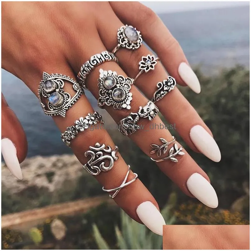 antique silver knuckle ring set elephant flower crown rings stacking rings women midi rings fashion jewelry set will and sandy gift