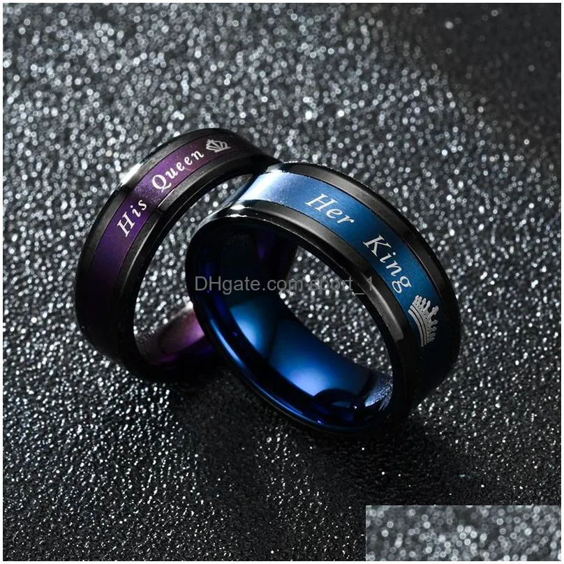 contrast color king queen crown ring band stainless steel couple rings women men engagement wedding fashion jewelry gift will and